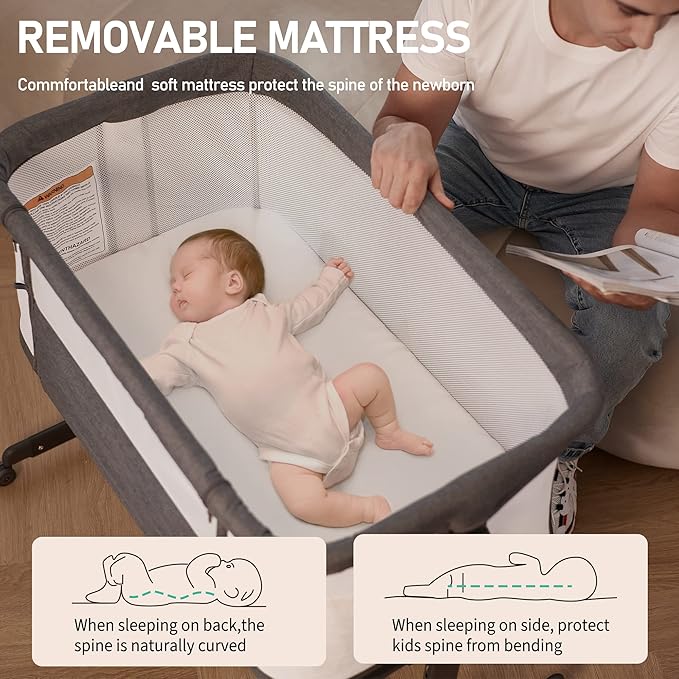 AMKE Baby Bassinet Bedside Sleeper, Portable Bassinet with Wheels, 6-Height Adjustable & Fold Down Side, Full Breathable Mesh Bedside Crib for Baby with Mattress Pad, Easy to Install, Dark Grey