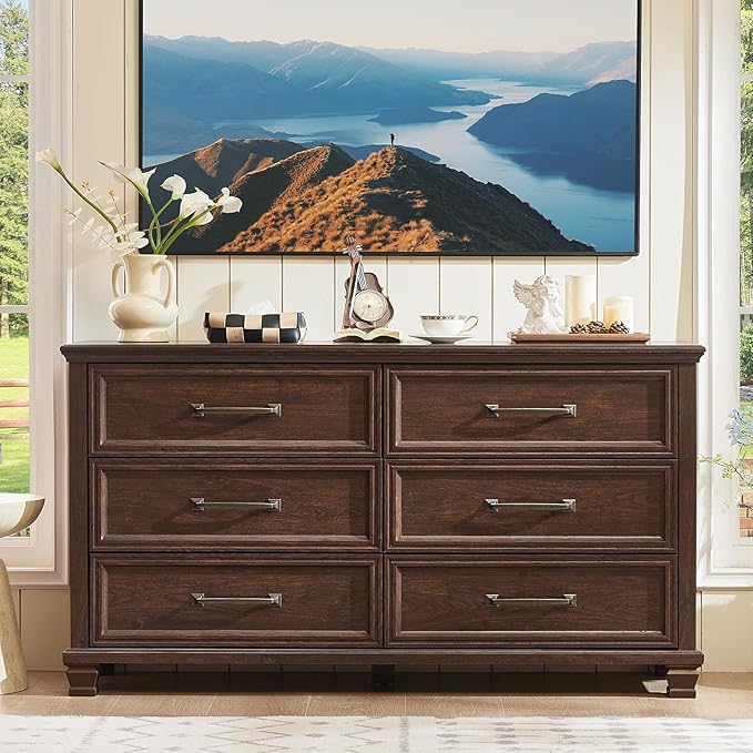Farmhouse Bedroom Dresser and Nightstand Set of 4, 6 Drawer Low & 5 Drawers Dresser & 2 Drawer Nightstand Set, Rustic Wood Furniture Set for Bedroom, Hallway, Walnut