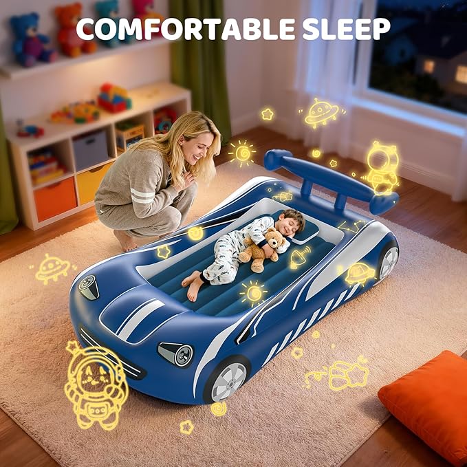 Inflatable Toddler Travel Bed - Kids Air Mattress with Car Design,Toddler Blow Up Mattress for Baby Camping, Travel, Hotel, Grandma's Sleepovers or Home Use, Includes Electric Pump