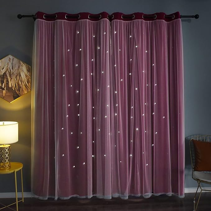 Kinryb Kids Blackout Curtains for Bedroom/Living Room/Classroom, Sheer Overlay 2 Free Tiebacks, Double Layer Curtains with Star Cutout for Kids Room(Each Piece W 70 x L 84 Inches 2 Pcs Red)