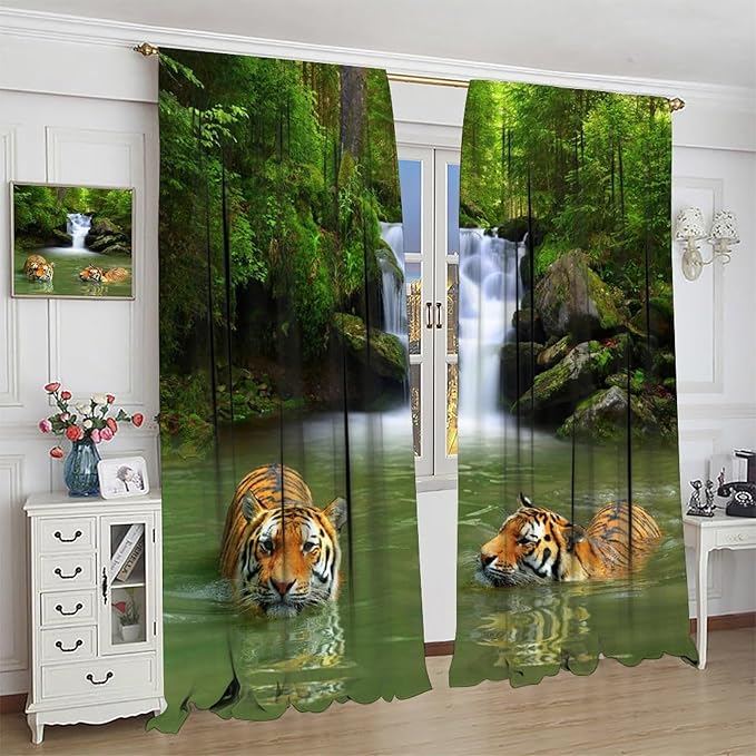 Forest Waterfall Landscape Blackout Window Curtains, Animals Tigers Waterfall Woodland Natural Window Drapes, for Living Room Bedroom 63" W X 63" L