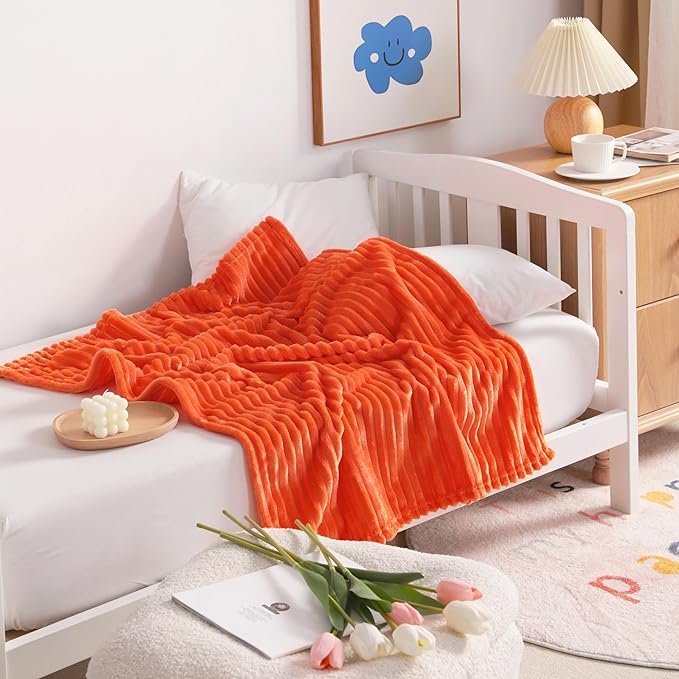 NTBAY Flannel Fuzzy Toddler Blanket, Fluffy Warm and Lightweight Reversible Stripes Design Baby Plush Blanket, 30x40 Inches, Orange