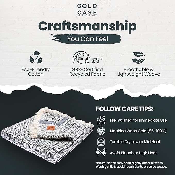 Gold Case Throw Blanket for Couch - 100% Recycled Turkish Cotton Blankets & Throws - Vintage Soft Throw Blankets for Living Room - Boho Decorative Woven Couch Blanket - 50x60 - Navy Blue