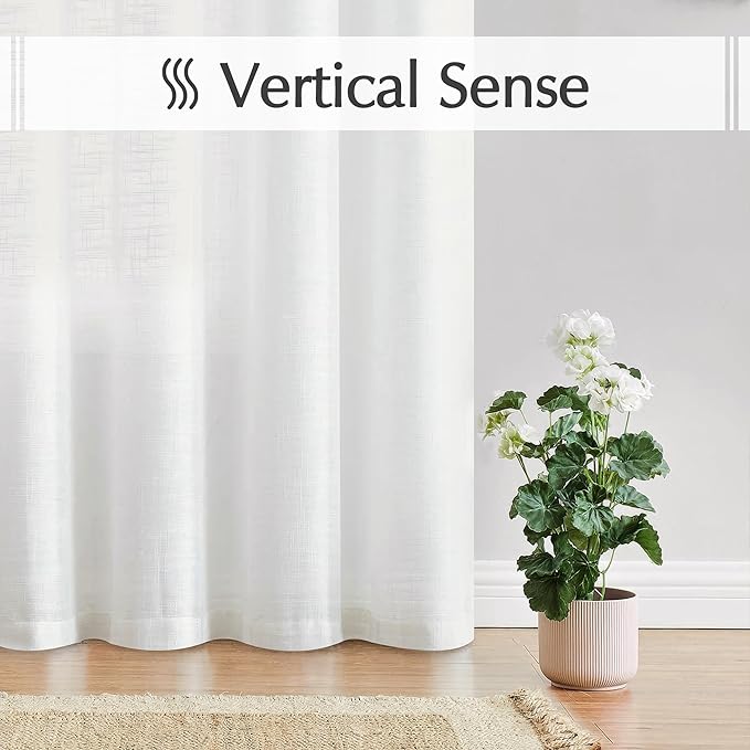 FMFUNCTEX Linen Semi Sheer Curtains for Bedroom, White Curtains 90 Inches Long for Living Room, Country Farmhouse Sheer Drapes, Light Filtering Window Curtain, Grommet Top 2 Panels