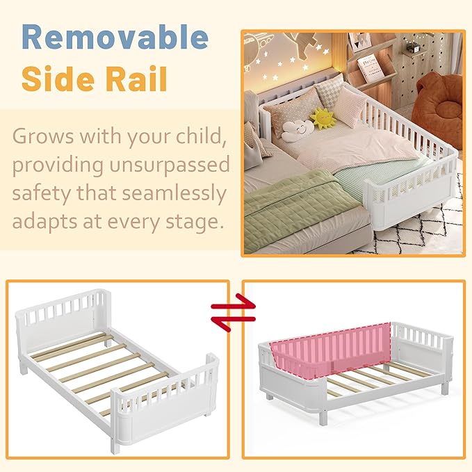 Twin Kids Floor Bed Frame with Rails, Wood Low Montessori Platform Bed with Slats Support, Modern Daybed with Detachable Side Rails, Kids Beds for Boys Girls Bedroom, White