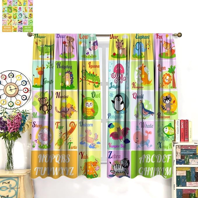 Kids Alphabet Letter Curtains Funny Education School Cute Cartoon Animal Printed Curtain with Rod Pocket for Bedroom Living Room Home Drapes Window Treatments 2 Panels Set 63" W X 63" L