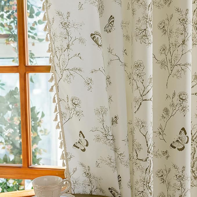 ENJOYBRIDAL Floral Curtains 96 Inch Long Boho Semi Sheer Drapes 2 Panels Bedroom Living Room Farmhouse Window Curtain Panels Rod Pocket French Country Vintage Cute Window Treatments