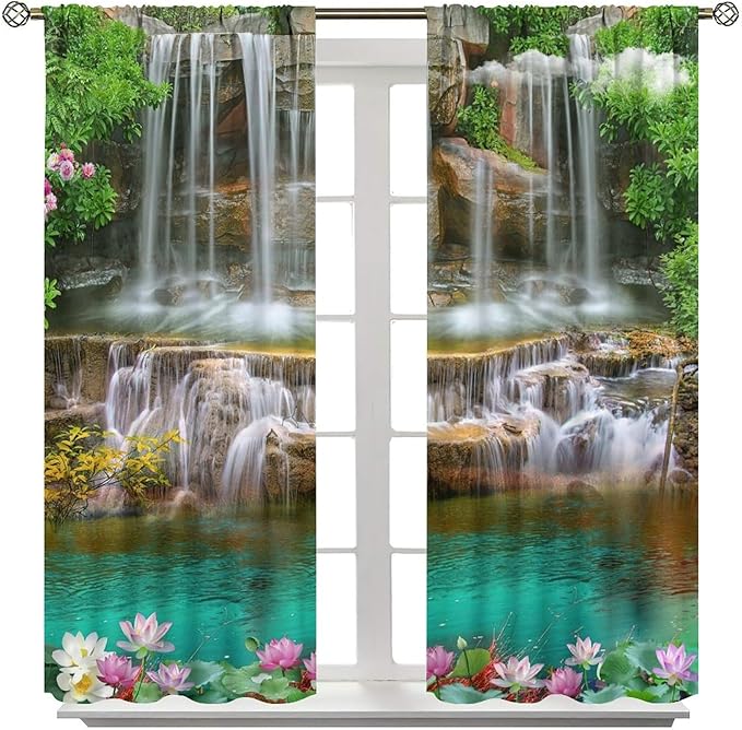 Waterfall Blackout Window Curtains, Rocky Waterfall to Pond Running Off Scenic Nature Themed Picture Print Window Drapes, for Living Room Bedroom 63x72in 2 Panels