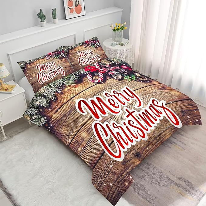 Christmas Comforter Set Full: Christmas Wood Grain Bedding Festival Gift Xmas for Kids Girls Women Teens Bedroom Quilt Set 1 Comforter & 2 Pillowcases