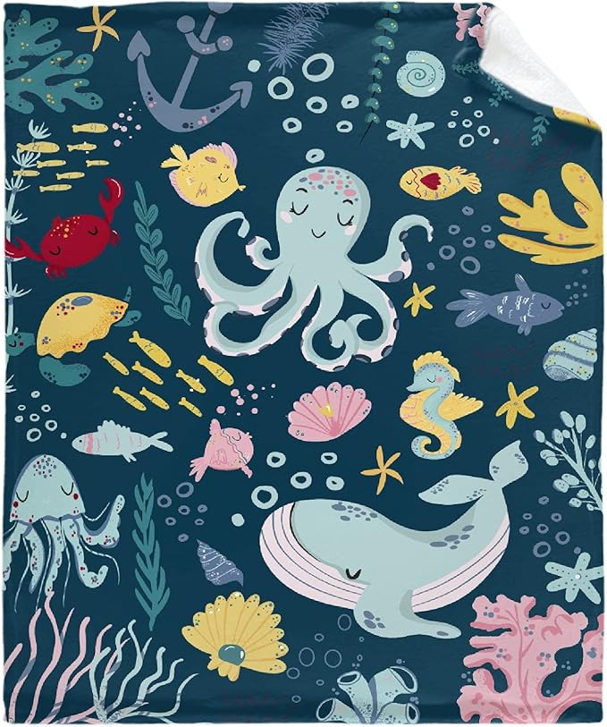 Thuswarm Cute Blue Sea Creatures Octopus Whale Flannel Blanket for Autumn Winter Gifts Warm Cozy Soft Funny Print Throw for Bed Couch Sofa 50”×40” Small for Kid