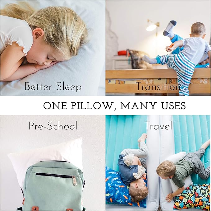 Little Sleepy Head Youth Pillow with Pillowcase 16x22, Soft Jumbo Toddler Pillow & Hypoallergenic Pillowcase - Best Kids Pillows for Sleeping, Perfect Kids Travel Pillow (Dinosaurs Blue)
