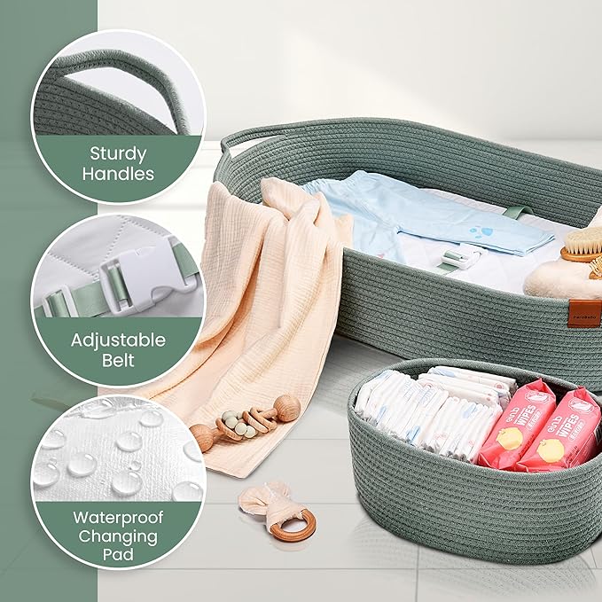 Baby Changing Basket for Baby Dresser, Moses Basket for Babies, Cotton Rope Diaper Changing Basket, Unisex Baby Moses Basket, Foam Diaper Changing Pad for Dresser, Changing Table Topper for Dresser