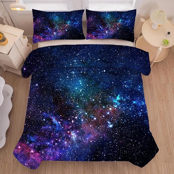 kxry Blue Purple 3D Galaxy Comforter Set Queen Size Outer Space Starry Sky Universe Bedding Sets for Girls Teens Kids 1 Comforter + 2 Pillow Cases
