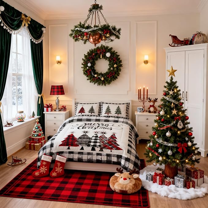Christmas Trees Kids Comforter Set Full Size,Geometric Grids Ink Tie-dye Bedding,Girls Boys Adults Bedroom/Xmas Cabin Decor,Rustic Vintage Down Comforter,Black Grey Retro Duvet Insert,2 Pillowcases