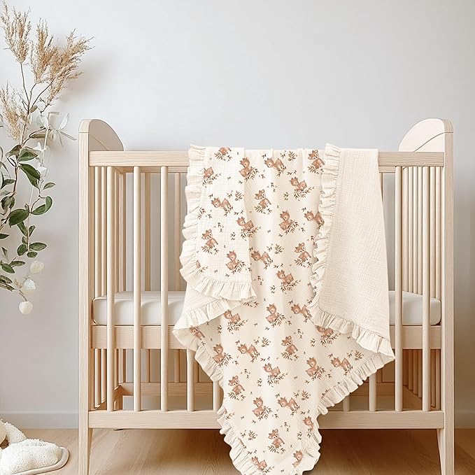 Konssy Flounce Muslin Baby Blankets, Cotton Crib Blanket for Baby Infant Toddler, Super Soft and Lightweight Nursery Blankets 40"x36" (Deer)