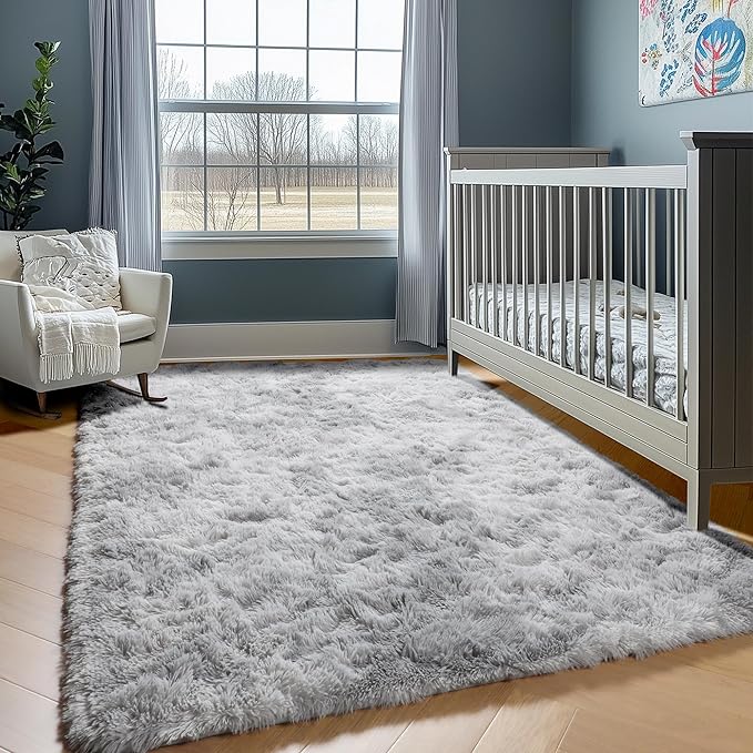 ONASAR Rugs for Living Room Bedroom, 5x8 Washable Fluffy Tie-Dyed Light Grey Bedside Area Rug, Soft Plush Shaggy Floor Carpet for Nursery Kids Girls Boys Teen Dorm Home Office Decor Aesthetic