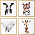 ArtbyHannah Framed Safari Nursery Wall Decor, 10x10 inch Cute Baby Wall Art Room Decor for Kids, Jungle Animals Prints for Playroom Bedroom Decorations 4 Pack (Elephant, Giraffe, Tiger and Cow)