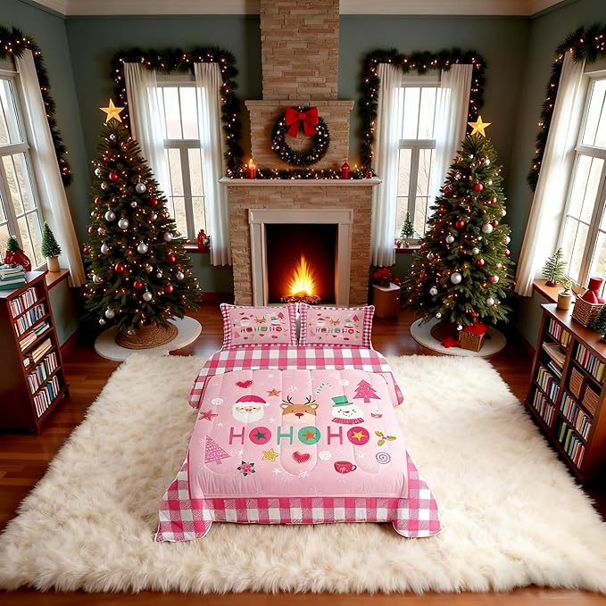 Merry Christmas Kids Comforter Set Full Size,Cartoon Santa Claus Snowman Deer Bedding Set,Boys Girls Adults Room Decor,Geometric Grids Fashion Down Comforter,Pink Xmas Duvet Insert,2 Pillowcases