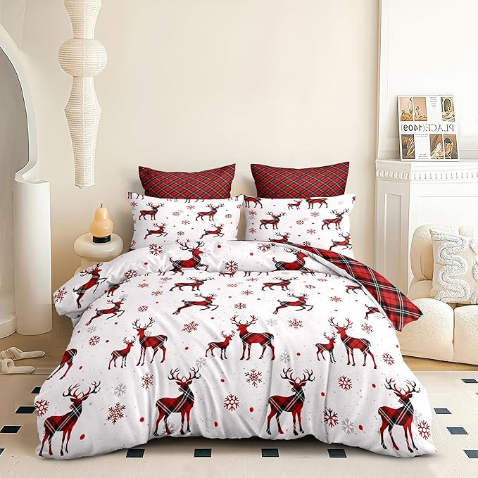 Christmas Duvet Cover Queen Size Red Gingham Christmas Deer Bedding Set 3 Pcs Kids Boys Girls Grid Checked Xmas Snowflake Elk Comforter Cover with Zipper Closure