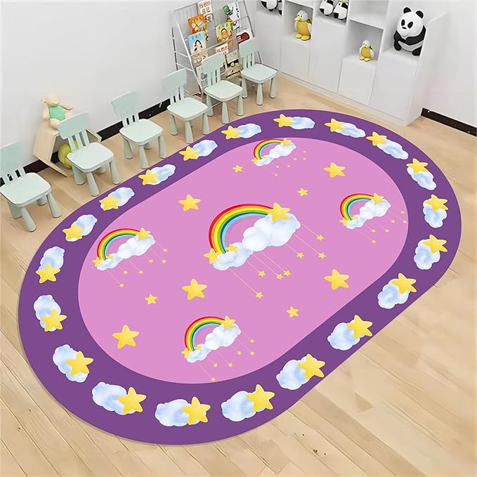 Rainbow Stars Kids Rug, 5x6ft, White Clouds Yellow Stars Pattern Oval Rug, Cute Soft Indoor Carpet for Girls Bedroom, Non-Slip Washable Low Pile Floor Mats for Classroom Nursery Playroom