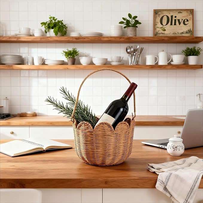 Scalloped Edge Round Basket with Handle, Super Sturdy Wicker Storage Baskets, Hand Woven Basket for Shelves,Natural Baskets for Organizing (Brown Rattan, 10.2"*10.2"*7.3")