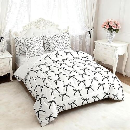 7 Pieces Cartoon Bowknot Kids Comforter King Size,Bow Tie Geometric Patchwork Modern Bedding Set,Bow Butterfly Knot Black White Simple（Comforter+Fitted+Flat+2 Pillowcases+2 Throw Pillow Covers）