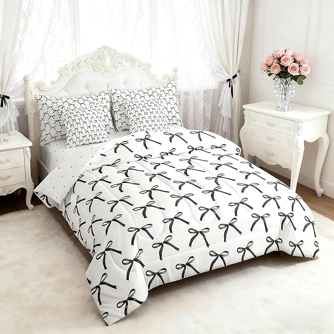 Manfei 7 Pieces Cartoon Bowknot Kids Comforter Twin Size,Bow Tie Geometric Patchwork Modern Girls Bedding Set,Bow Butterfly Knot Black White（Comforter+Fitted+Flat+2 Pillowcases+2 Throw Pillow Covers）