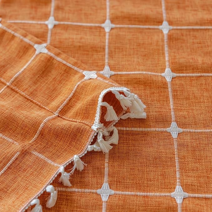 Deeprove Boho Curtains 63 Inches Long for Bedroom Living Room, Cotton Linen Plaids Textured Semi Blackout Bohemian Farmhouse Fall Window Treatment Grids Drape Tassels, 1 Panel W52 x 63, Burnt Orange