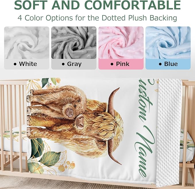 Personalized Baby Crib Bedding Set,3 Piece Custom Name Nursery Set with Blanket, Fitted Sheet & Pillowcase for Baby Girls & Boys, Highland Cow Theme(Fixed Size)