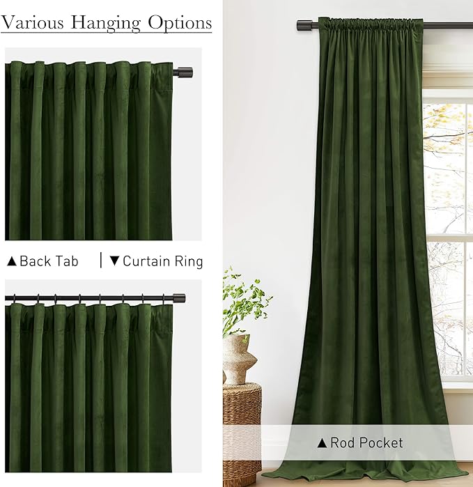 StangH Moss Green Velvet Curtains 108 inches - Luxury Christmas Decor Room Darkening Thermal Insulated Window Drapes for Dining Room/Patio Door, W52 x L108, 2 Panels
