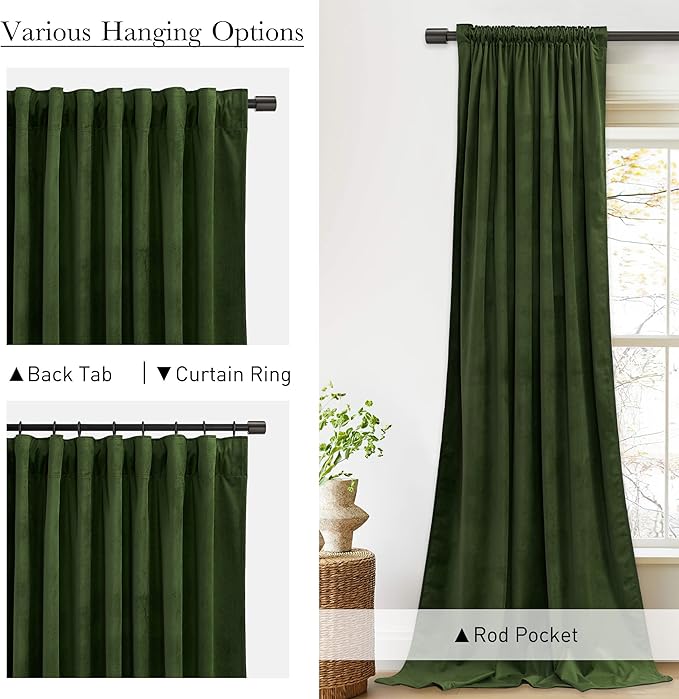 StangH Moss Green Curtains for Bedroom 102 inches Long Velvet Blackout Thermal Insulated Sliding Door Drapes Back Tab Thick Privacy for Living Room/Spring Decor, W52 x L102, 2 Panels