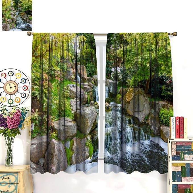 Forest Waterfall Blackout Curtains, Natural Landscape Forest Trees Waterfall Scenery PrintWindow Drapes, for Living Room Bedroom 42" W X 45" L