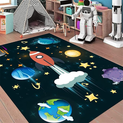 3x4ft Outer Space Rug - with Rocket and Planet Design, Non-Slip Washable,Kids Rugs for Playroom Easy Care Rug, for Children's Room, Toddlers, Classroom, Playroom, Baby Daycare