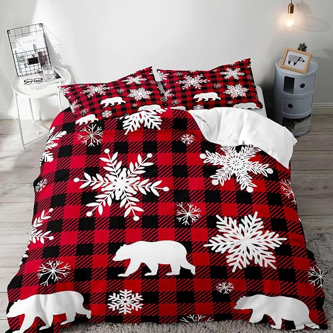 LUVIVIHOME 3PCS Christmas Duvet Cover Queen Bedding Set, White Snowflake Bear Woodland Animals Cabin Lodge Holiday New Year Xmas Checkered Black Red Buffalo Plaid Comforter Quilt Cover, 2 Pillow Cases