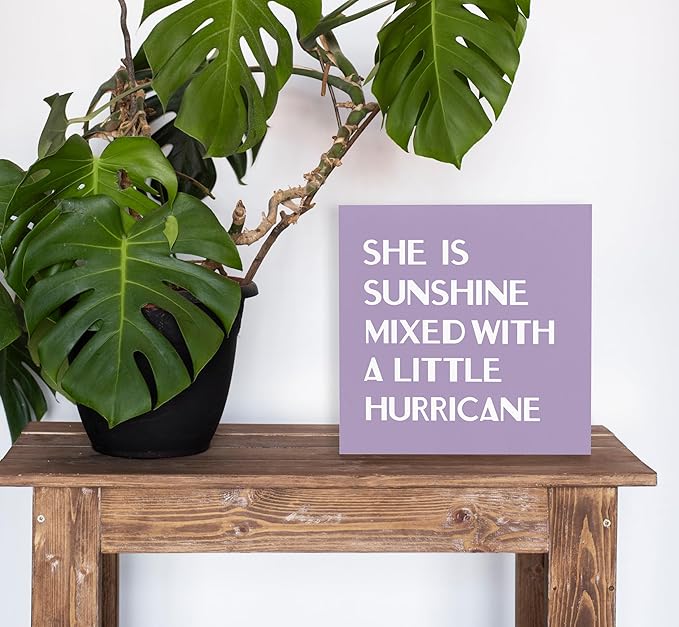 SRADMO She Is Sunshine Mixed with a Little Hurricane Boho Purple Wood Box Sign Desk Decor, Baby Girls Inspirational Wooden Box Decor for Girls Room Nursery Shelf Table Decoration, 8x8 Inches