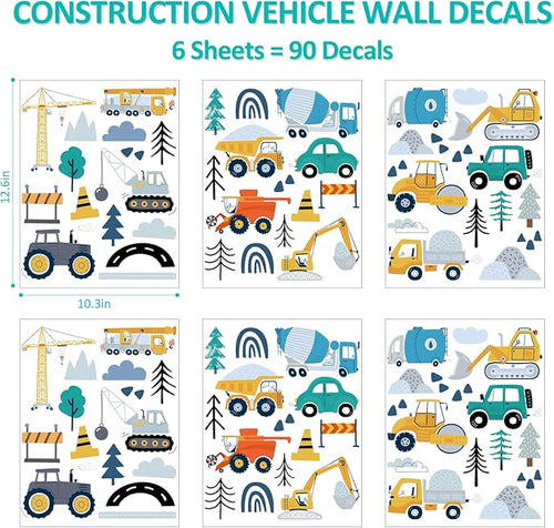 AOWDIAO Construction Vehicle Wall Decals – 90Pcs Reusable Peel and Stick Vinyl Stickers for Kids’ Room, Nursery & Playroom – Removable Truck Decoration for Boys & Toddlers