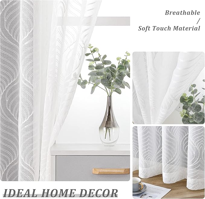 VISIONTEX White Sheer Curtains 72 Inches Long 2 Panels Set Moroccan Embroidery Texture Geometric Rod Pocket Ivory White Voile Tulle Semi Window Treatment Pair for Bedroom Living Room 54 x 72 Inches