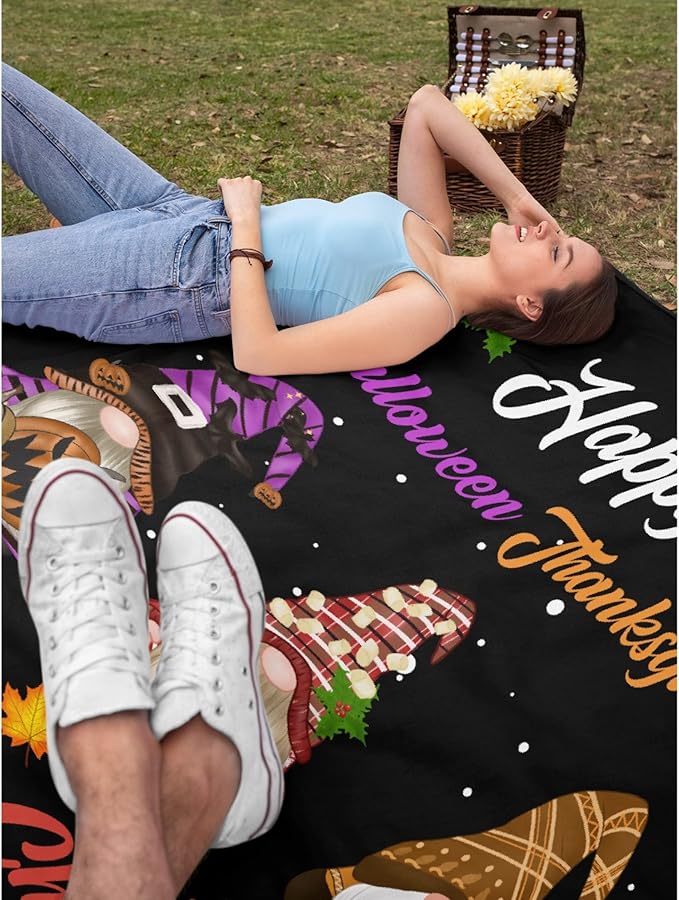 Thuswarm Happy Halloween Thanksgiving Christmas Flannel Throw Blanket Soft Warm Gnomes Print Blankets for Bed Couch Sofa Room Decoration Gifts 80”×60” Large for Adult