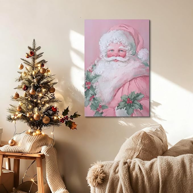 YONICA Christmas Canvas Wall Art Pink Santa 12x16 Inch Soft Pastel Holiday Art for Nursery - Large Framed Gallery Wrapped Kids Room Decor