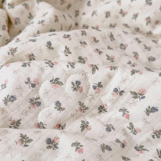 BuLuTu Pink Bellflower Print Muslin Cotton Quilted Blanket for Girls Boys Lightweight Soft Crib Blankets Toddler Comforter for Toddlers Kids Children, All Seasons, 47x59 Inches