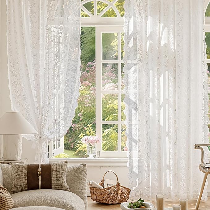 Anmao Vintage White Lace Curtains 108 Inches Long 2 Panels, Romantic Elegant Light Filtering Semi Sheer Floral Thick Lacy Curtain Drapes for Living Room and Bedroom, Each Panel 55W x 108L, Off White