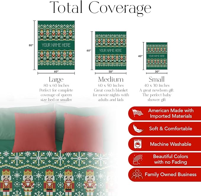 Custom Stitch Style Nutcracker Christmas Blanket - Ships Next Day, Printed in USA - Plush Fleece Sofa Throw, Holiday Home Decor, Soft Bedding, Customizable Toddler to Adult Size (Sherpa 50x60)