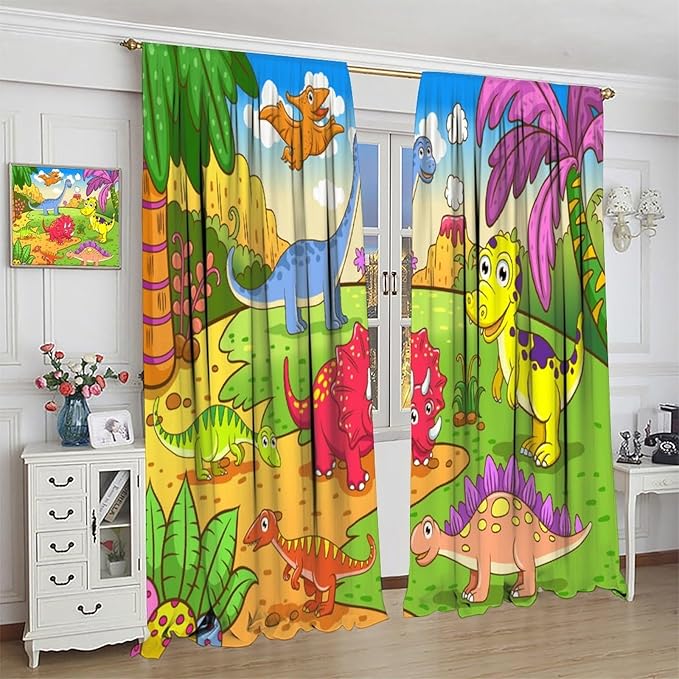 Cute Dinosaur Curtains, Colorful Cartoon Dino Pattern Blackout Window Treatments, Rod Pocket Thermal Insulated Drapes 2 Panel Sets for Kids Bedroom Nursery Classroom, 42" W X 54" L