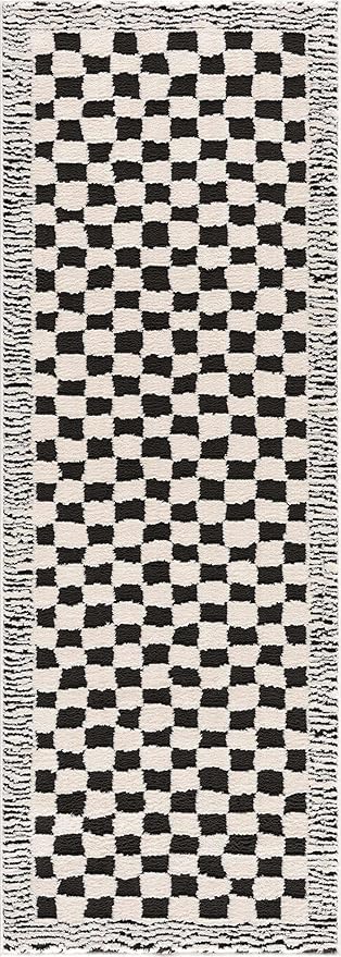 Hauteloom Leryn Contemporary Checkered Area Rug - Modern Geometric Bordered Carpet for Living Room, Bedroom - Checkboard Design - Square Tiles - High Pile - Black and White - 5'3" x 7' (5x7)