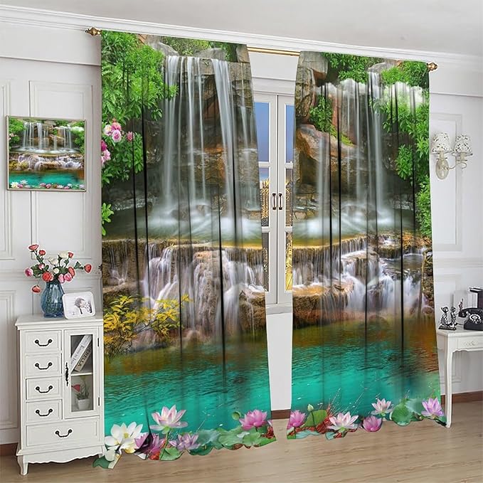Waterfall Blackout Window Curtains, Rocky Waterfall to Pond Running Off Scenic Nature Themed Picture Print Window Drapes, for Living Room Bedroom 42x54in 2 Panels