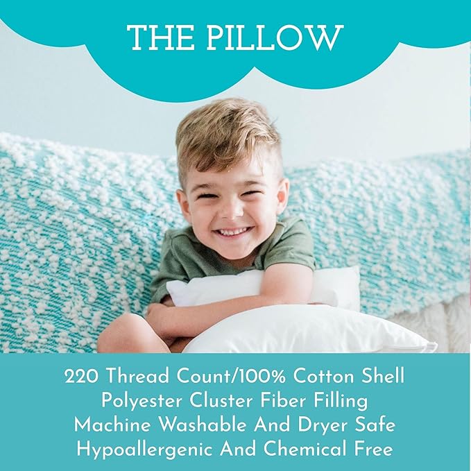 Little Sleepy Head Youth Pillow with Pillowcase 16x22, Soft Jumbo Toddler Pillows, Hypoallergenic Pillow Case - Best Kids Pillows for Sleeping, Perfect Kids Travel Pillows (Fintastic Friends)