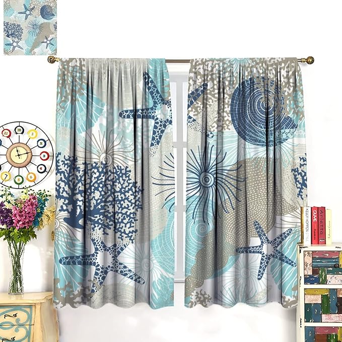 Coastal Curtains Ocean Beach Themed Room Darkening Window Curtain Nautical Coral Decor Curtain for Bedroom Living Room Bathroom Nursery Set 2 Panels,42x45 Inches