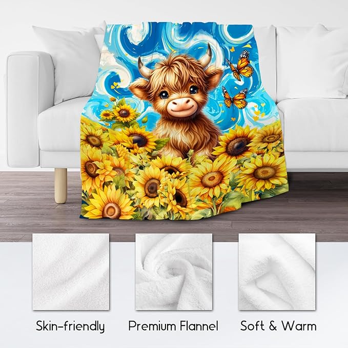 Kids Blanket - Highland Cow Blankets for Teens/Women - Flannel Soft Sunflower Throws for Bed Office - 60"x80"