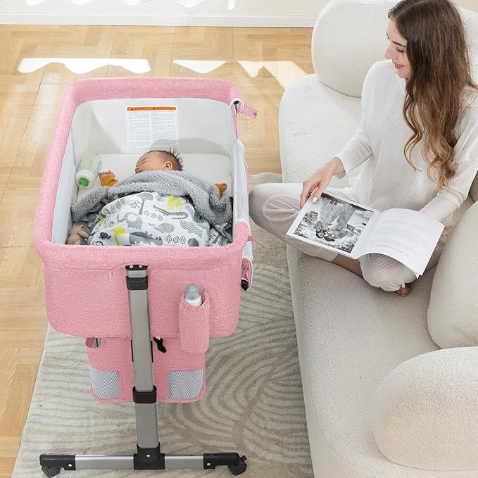 Ihoming Baby Bassinet Bedside Sleeper, Baby Bed Side Crib with Storage Basket, Easy Folding Bassinets, Adjustable Baby Bed for Infant Newborn, Pink