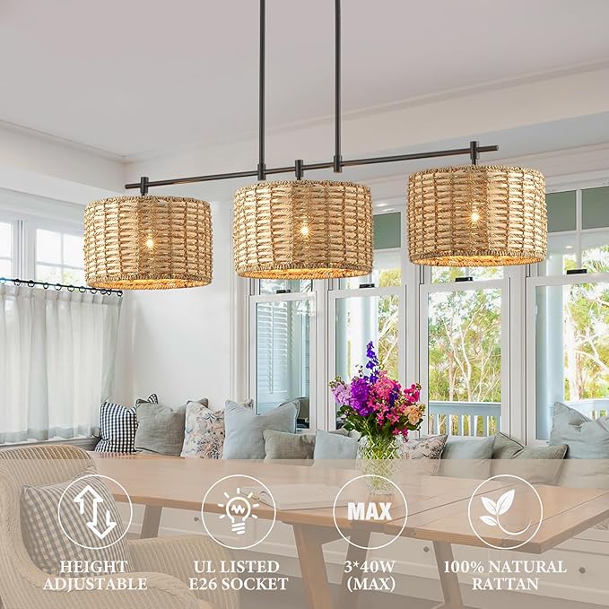 41" Chandelier Woven Rattan Light Fixture with 3 Wicker Lampshades, Large Linear Boho Chandeliers Drum Pendant Lights Kitchen Island